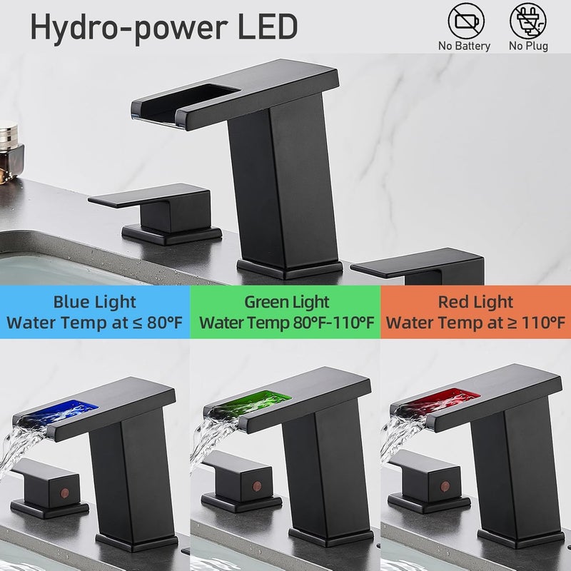 AVSIILE صنبور حمام LED 3 فتحات، صنبور حمام شلال باللون الأسود غير اللامع، صنبور حوض حمام حديث بعرض 8 بوصات وأجزائه، صنبور حوض حمام بلمسة واسعة بثلاث فتحات وذراعين - Image 2